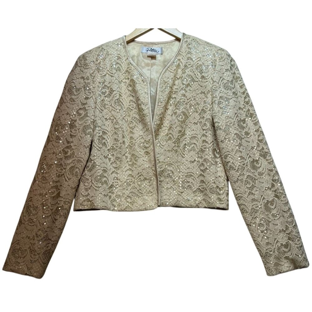 Patra Women's Holiday Floral Lace Sequin Crop Bolero Jacket Size 12 Cream